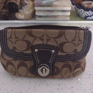 Coach Tan and Brown Signature Clutch With Turn Lock Flap